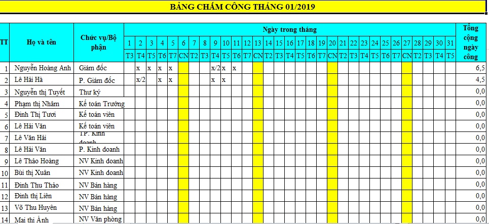 mẫu bảng chấm công 2019